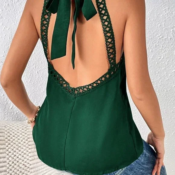 Green Boho Womens Tie Backless Ruffle Trim Peplum Blouse - Picture 3 of 5